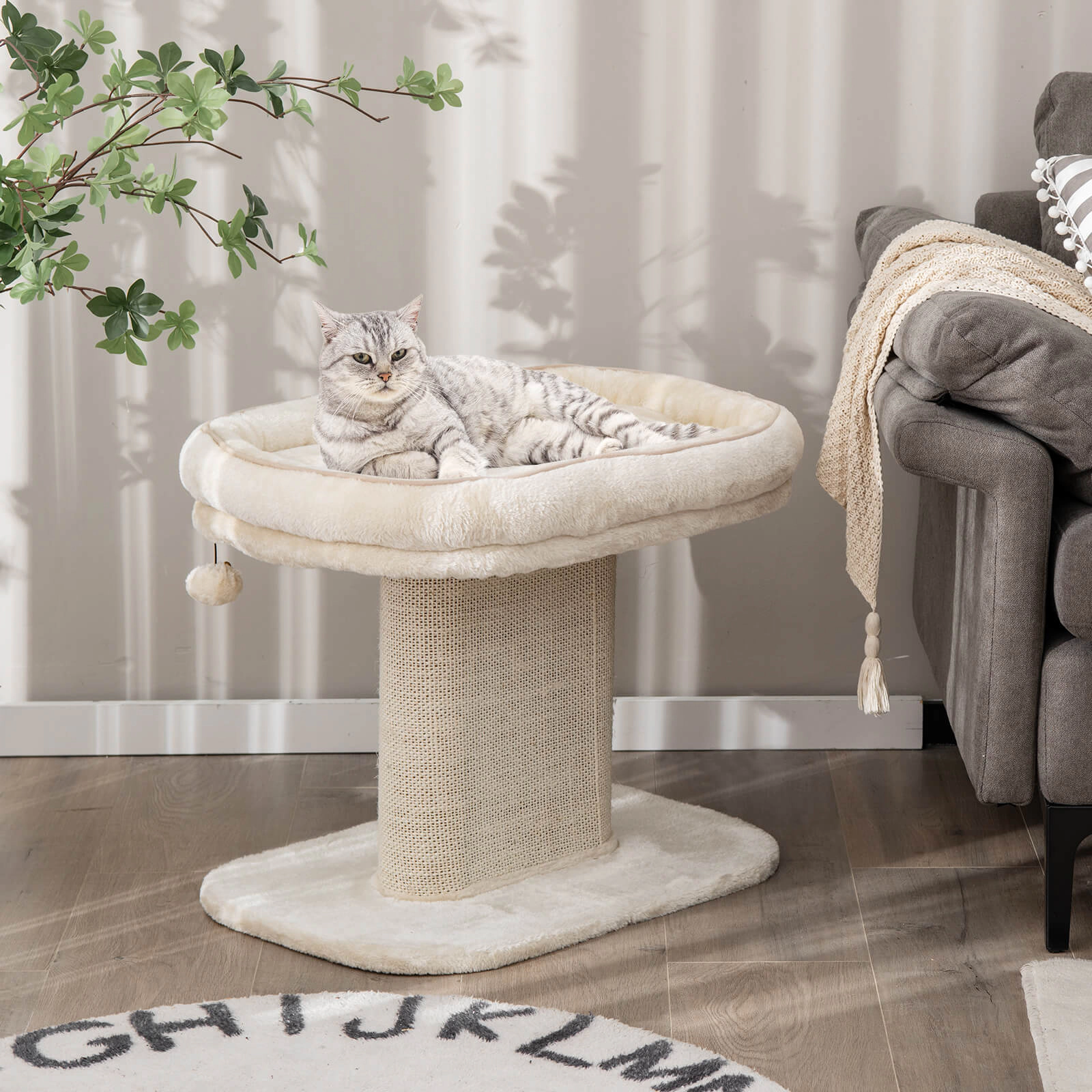 SUGIFT 19.5-in Beige Modern Cat Tree Tower with 22.5-in Plush Perch and Sisal Scratch Plate 23-in Base W