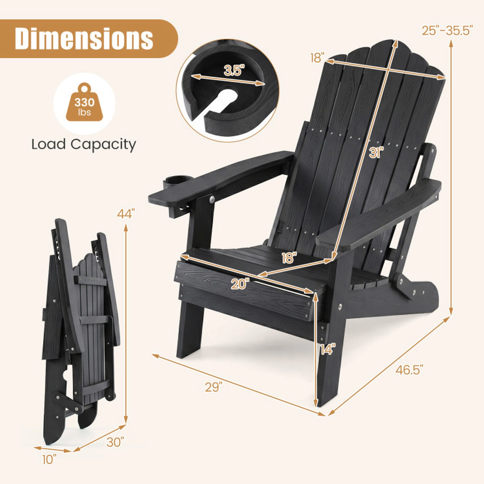 SUGIFT Black Cup Holder and 5-Level Backrest Set of 2 Outdoor Folding Adirondack Chairs