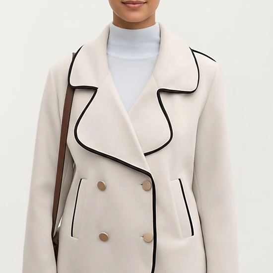 Anna-Kaci Women's Double Breasted Peacoat with Contrast Trim and Wide Lapel Collar