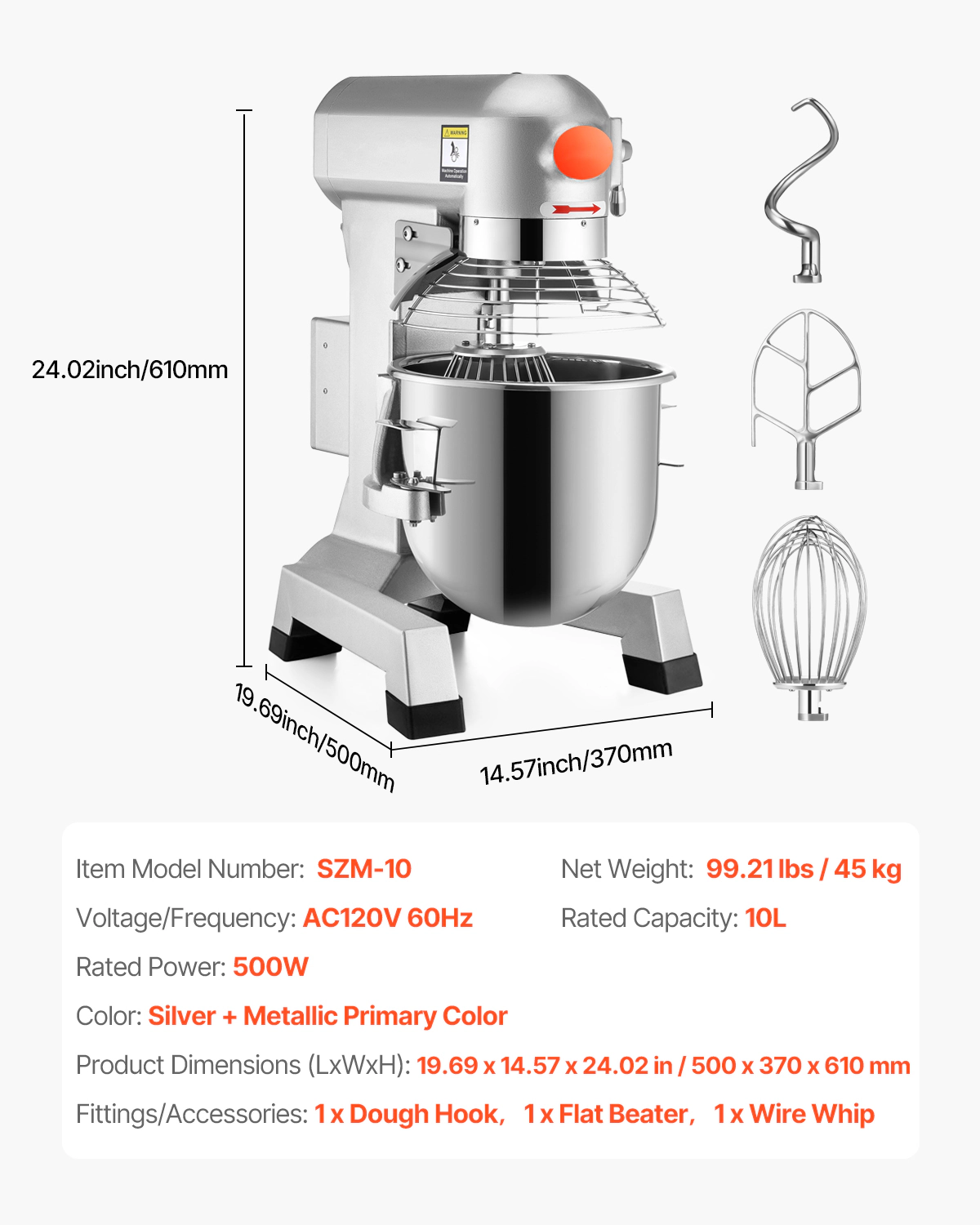 HONGGE Commercial Food Mixer 3 Speeds Adjustable 110/ 178/390 RPM Heavy Duty 110V with Stainless Steel Bowl Dough Hooks