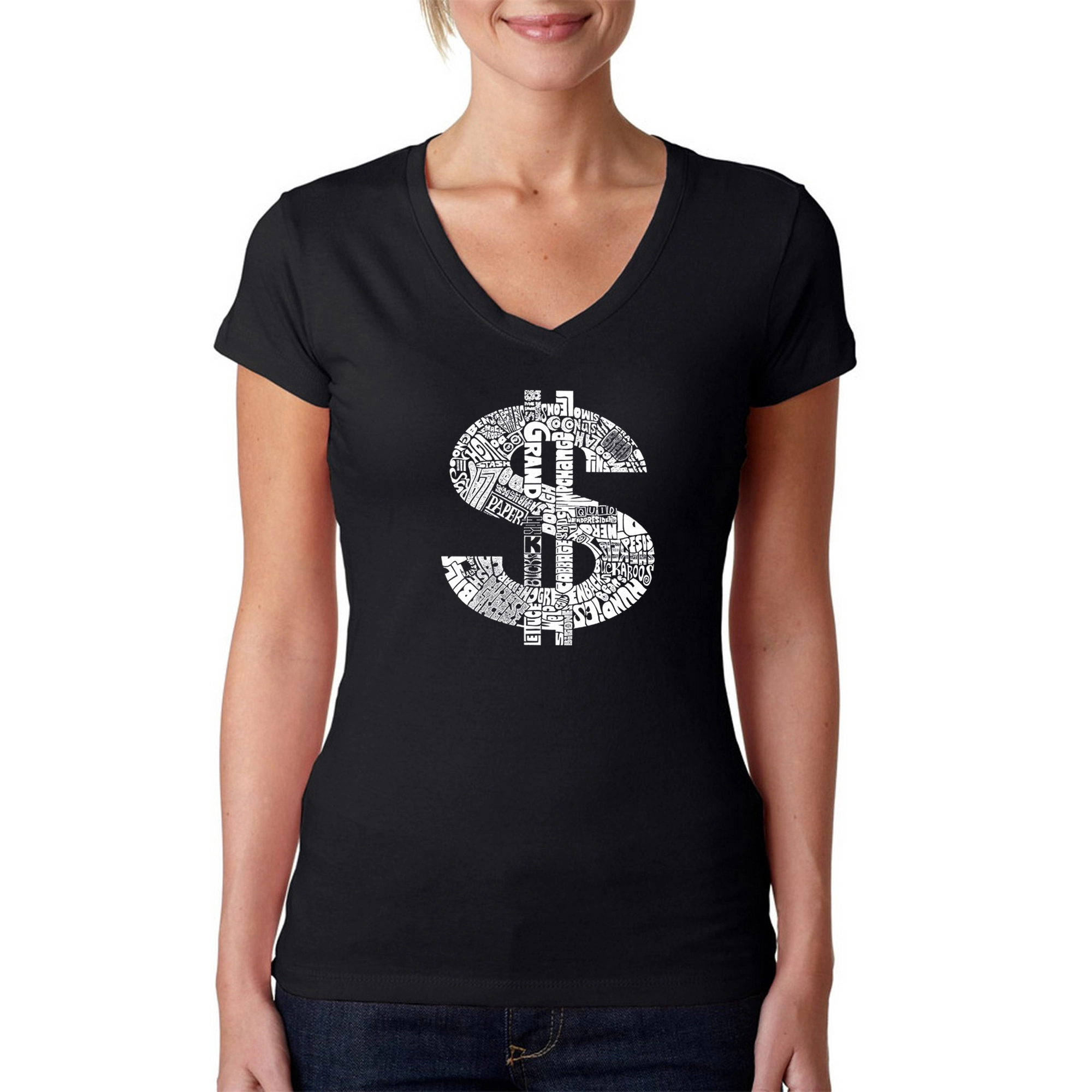 LA Pop Art Womens Word V-Neck T-Shirt - Dollar Sign