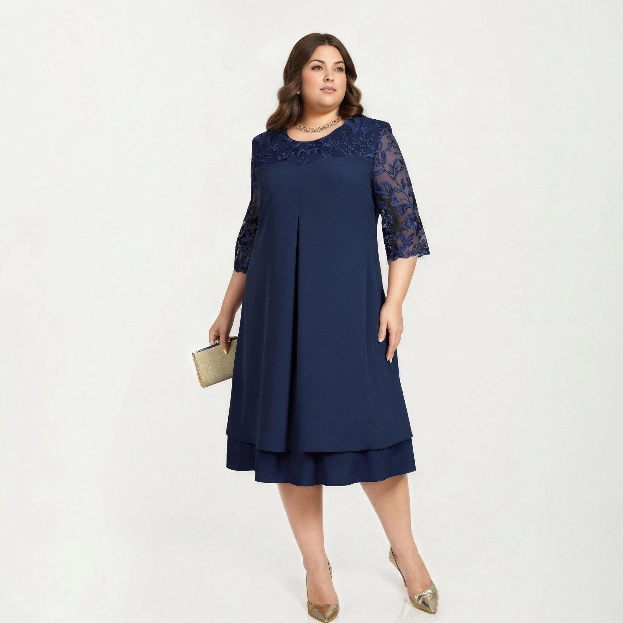 Anna-Kaci Women's Plus Lace Yoke Sheer Sleeve Detail Layered Hem Flowy Elegant Midi Dress