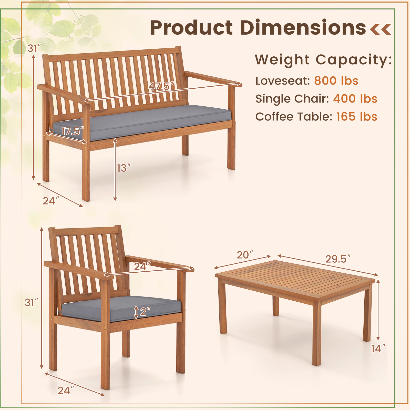 SUGIFT 4-Piece Gray Acacia Wood Patio Conversation Set with Loveseat, Armchairs and Coffee Table