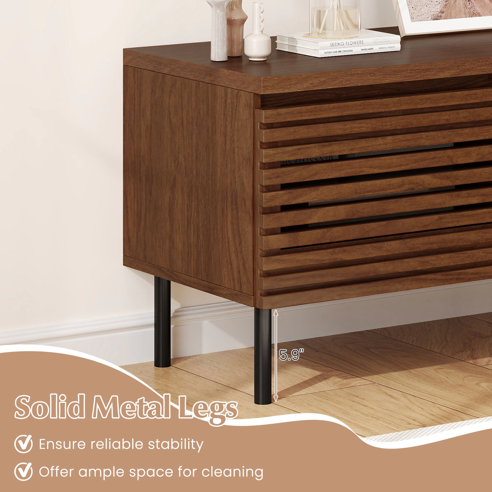 Glintex 35.5-Inch Fluted TV Stand with 2 Hidden Compartments, Walnut