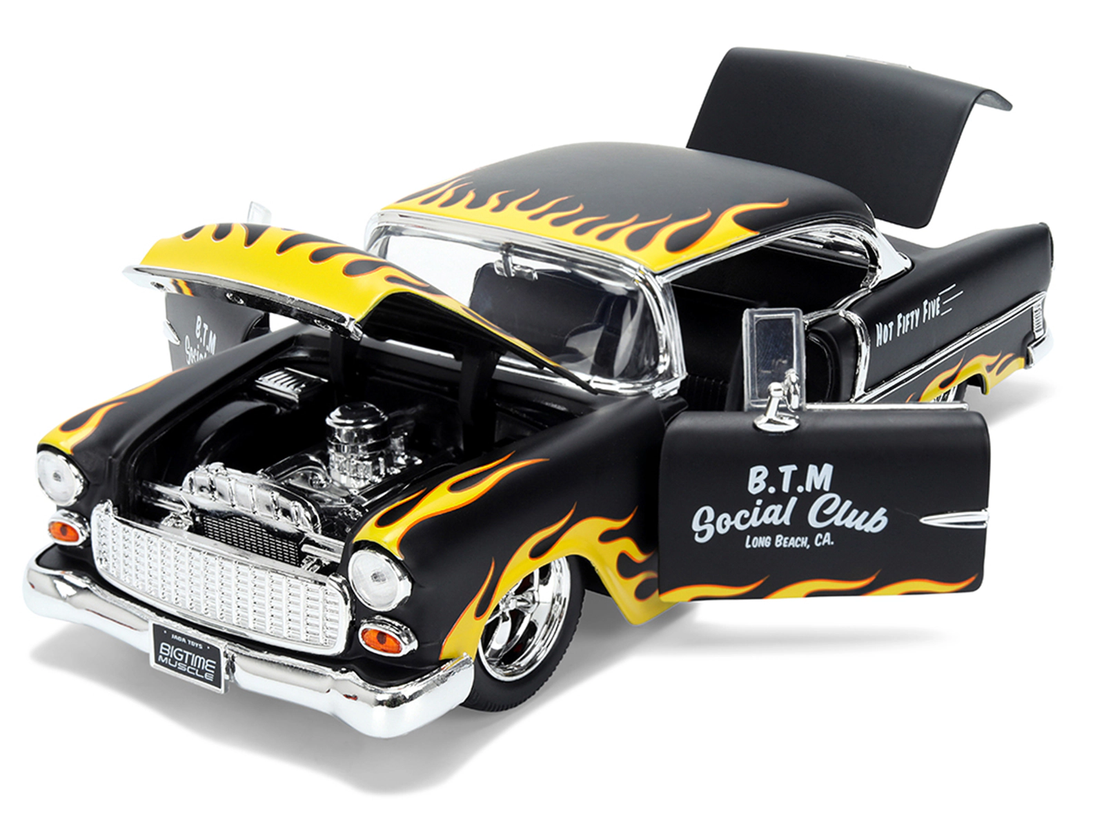 Jada 1955 Chevrolet Bel Air "BTM Social Club" Matt Black with Flames "Bigtime Muscle" Series 1/24 Diecast