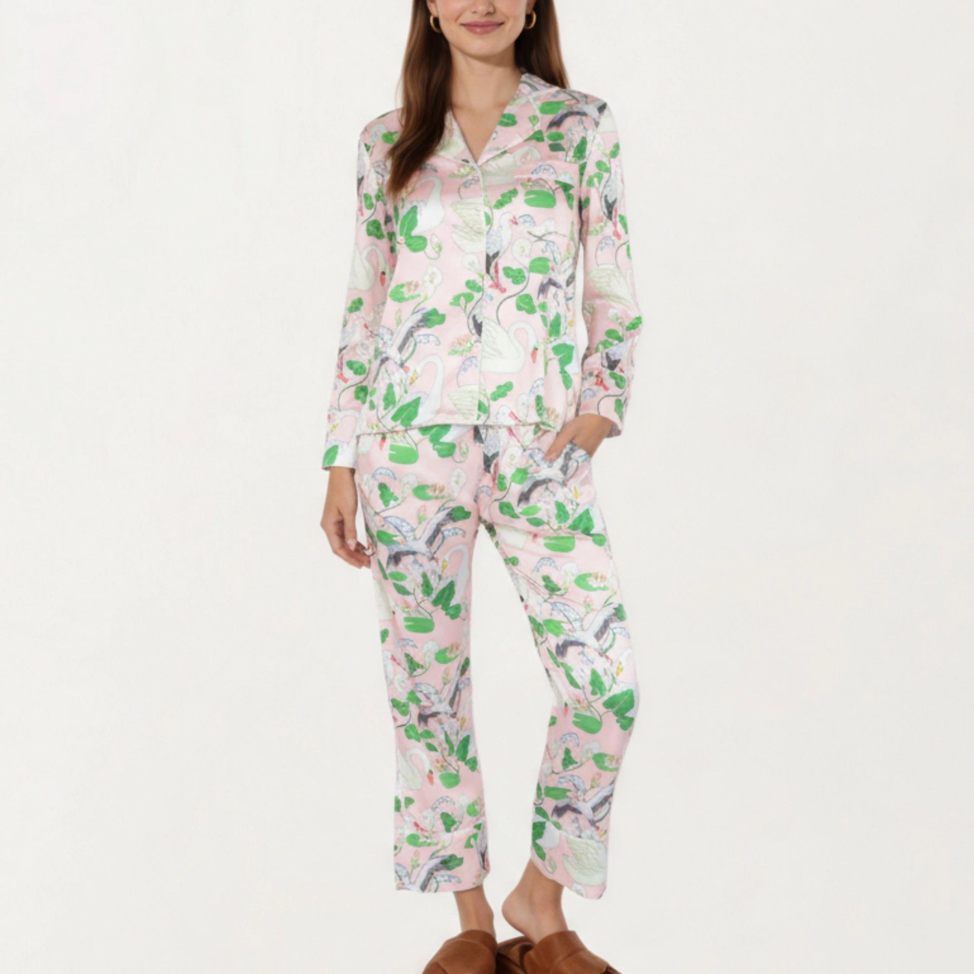 Anna-Kaci Women's 2-Piece Long Sleeve Button Front Pajama Set with Crane Print and Soft Silky Fabric for Relaxed Comfort