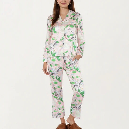 Anna-Kaci Women's 2-Piece Long Sleeve Button Front Pajama Set with Crane Print and Soft Silky Fabric for Relaxed Comfort