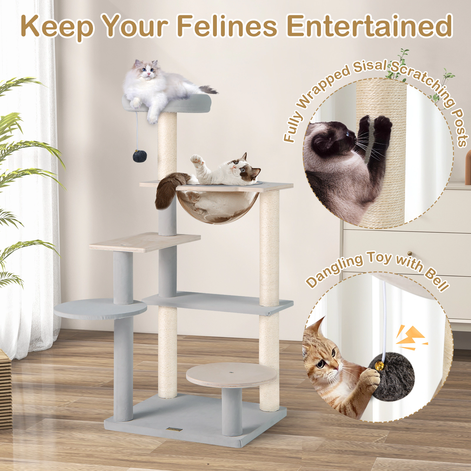 LJG Modern Cat Tree 44 Inch Multi-Level Cat Tower with Removable Padded Top Perch