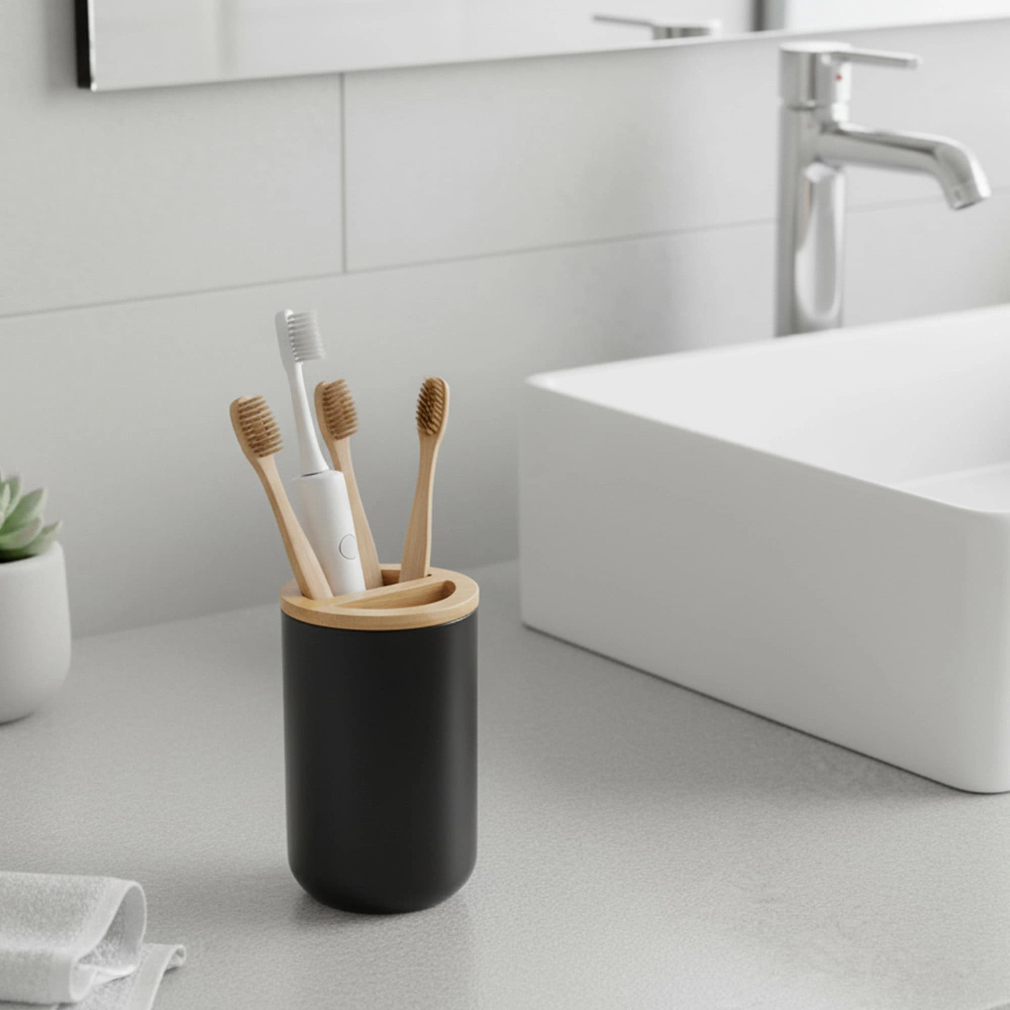 Evideco Padang Bamboo Top Toothbrush Holder - 10 oz Polystyrene Toothpaste & Brush Organizer