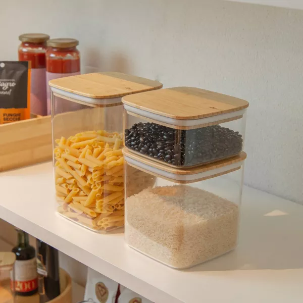 OU Airtight Food Storage Container Set 16pc, Clear Plastic Container w/ Leak Proof Bamboo Lid Stackable Pantry Organizer