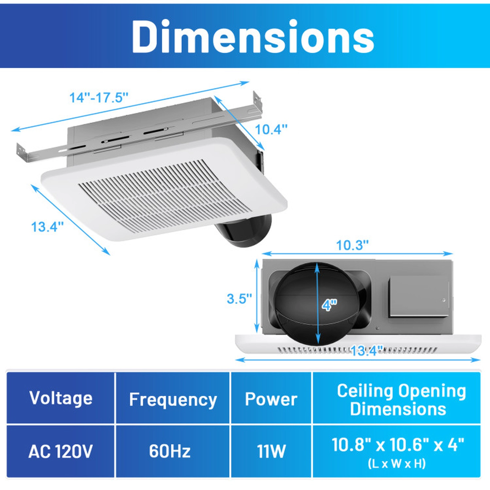 SUGIFT White Ceiling Mount Bathroom Exhaust Fan with 4-in Duct 50/80/110-CFM 18.3-in W 13.4-in D 4.9-in H