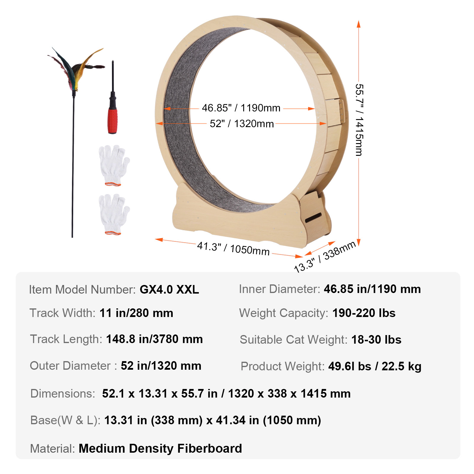 HONGGE Wooden Cat Exercise Wheel Large Cat Treadmill Wheel for Indoor Cats Cat Running Wheel with Detachable Carpet &