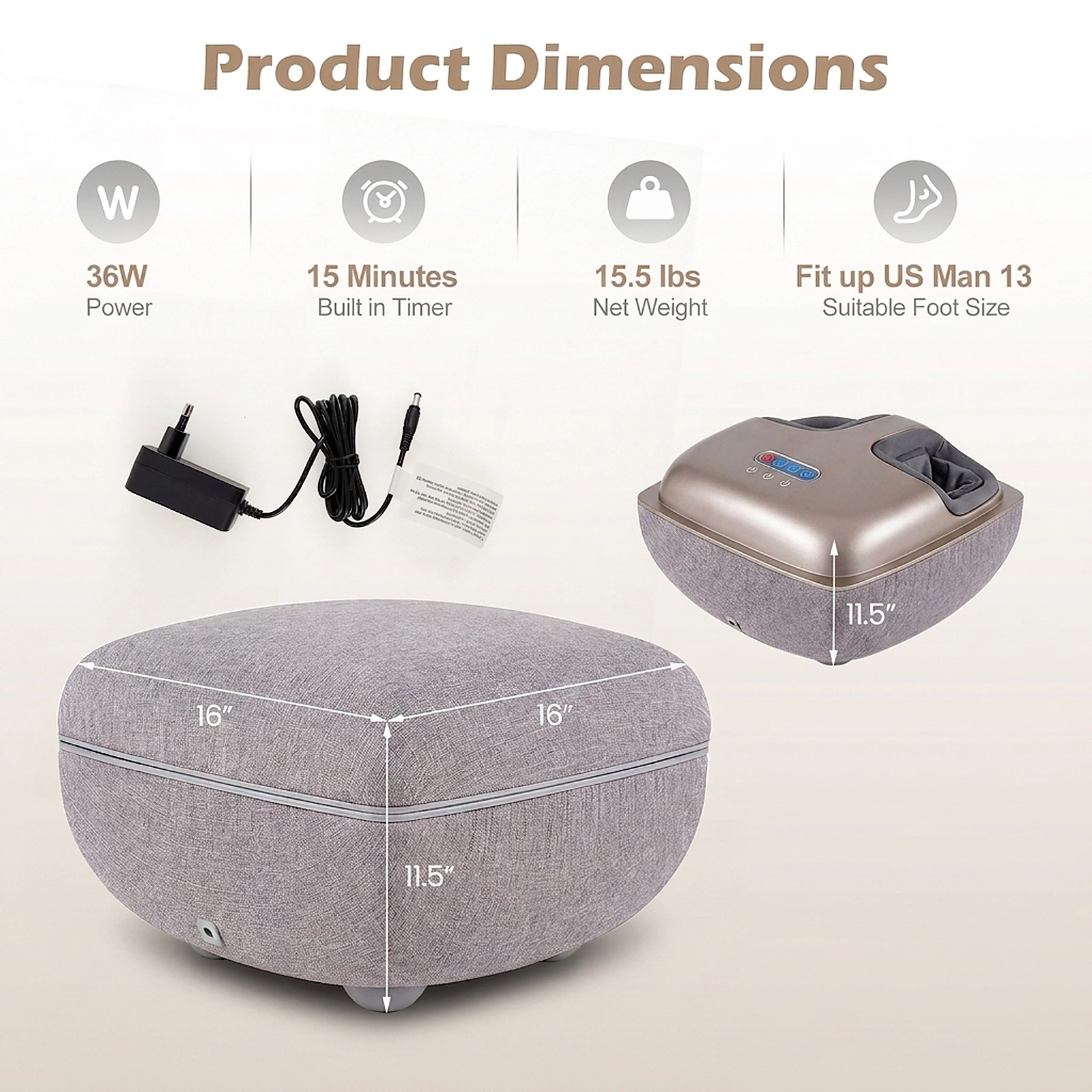 SUGIFT Gray Shiatsu Foot Massager with 3-Level Kneading and Air Compression 16-in W 16-in D 11.5-in H