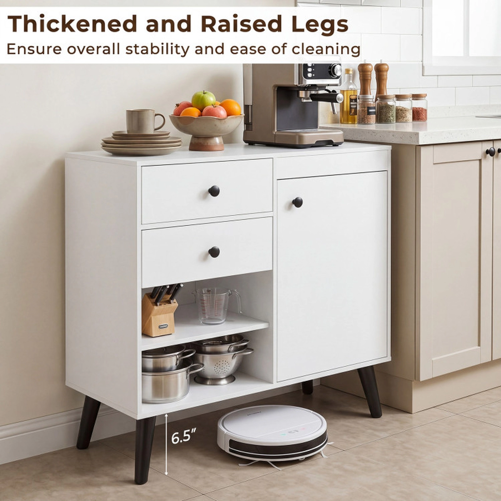 SUGIFT Set of 2 31-in 135-lb Capacity White Buffet Cabinets with 2 Drawers Open Compartments and Raised Legs