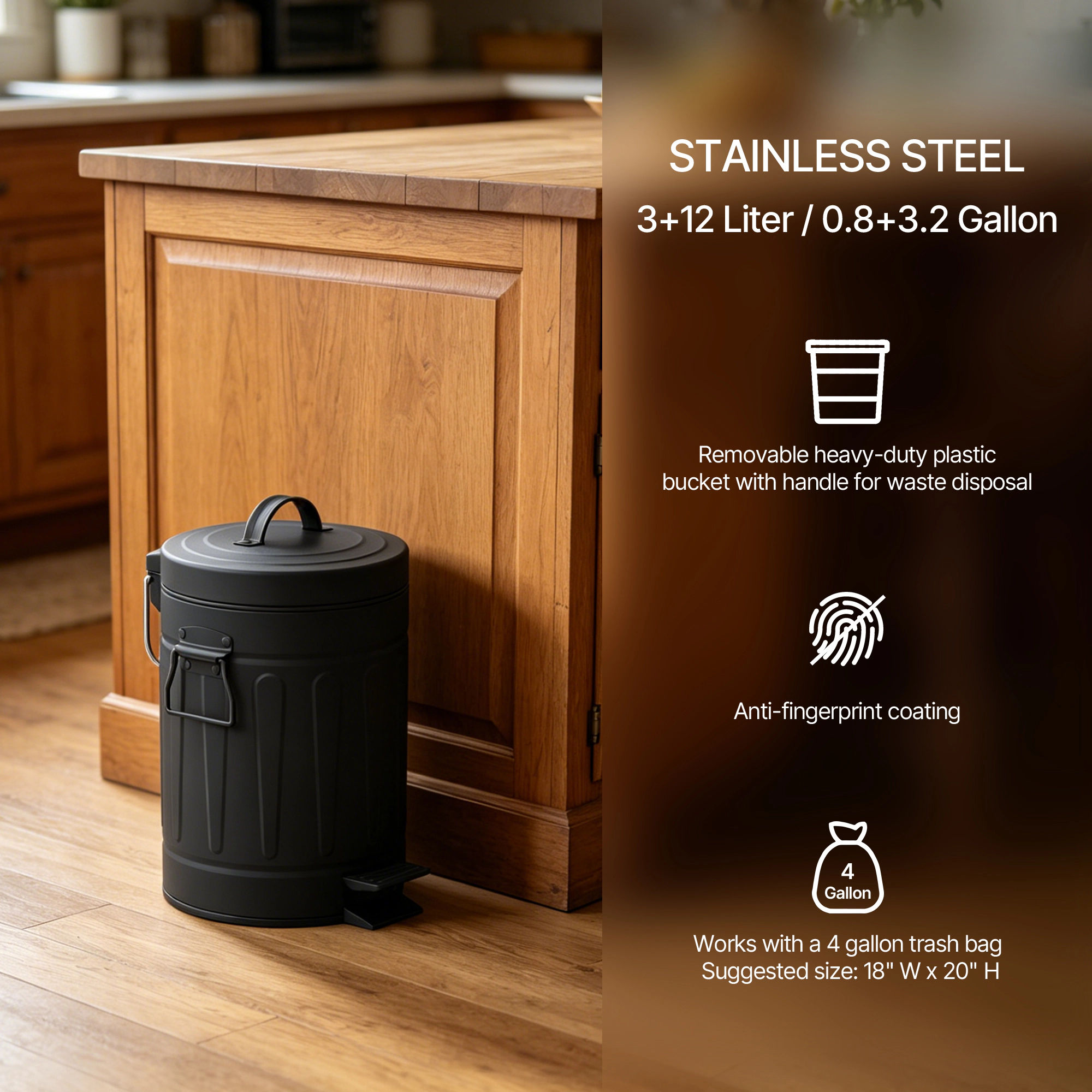 Innovaze 3.2 Gal./12 Liter and 0.8 Gal./3 Liter Old Time Style Round Black Color Metal Step-on Trash Can Set