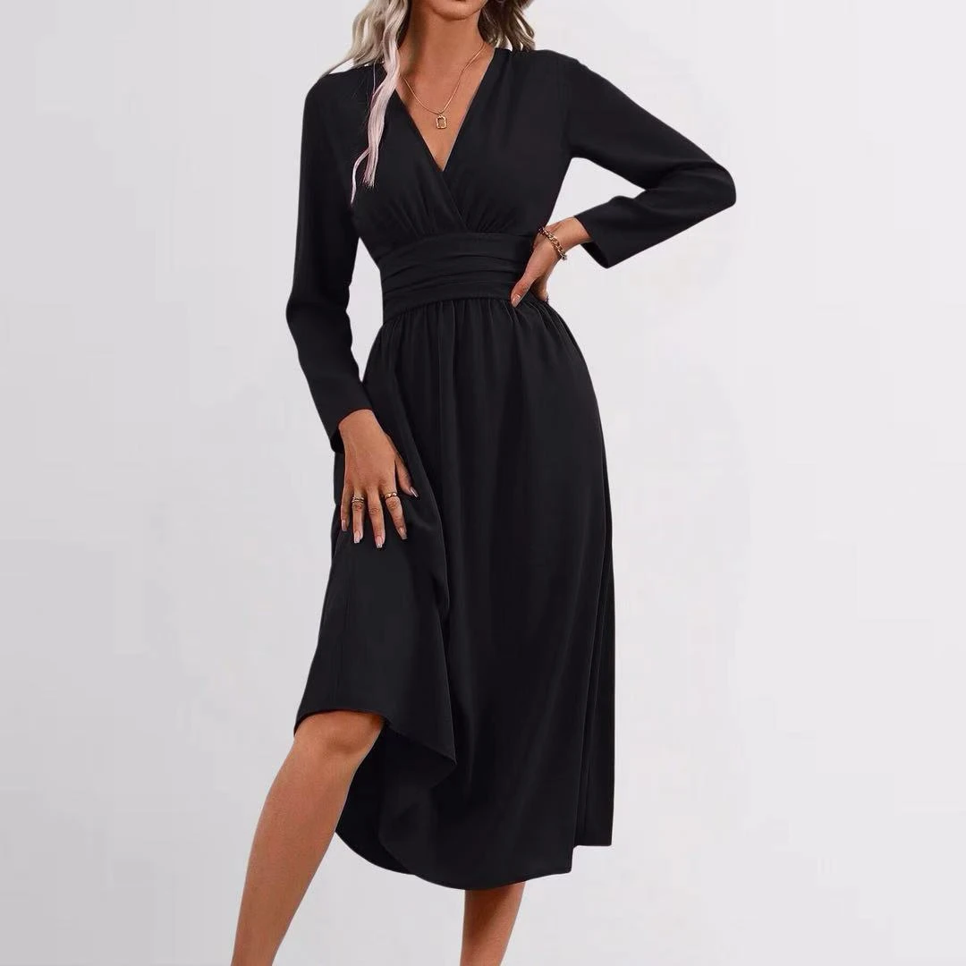 YesFashion Womens V Neck Long Sleeve Midi Dress Elegant Flowy Wedding Guest Holiday Formal Dresses