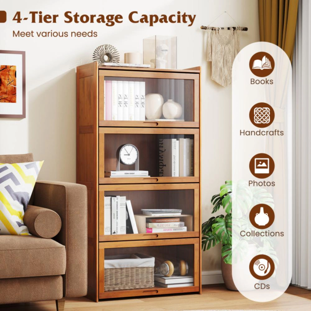 Hivvago 4-Tier Bamboo Bookcase with Doors for Study Room Living