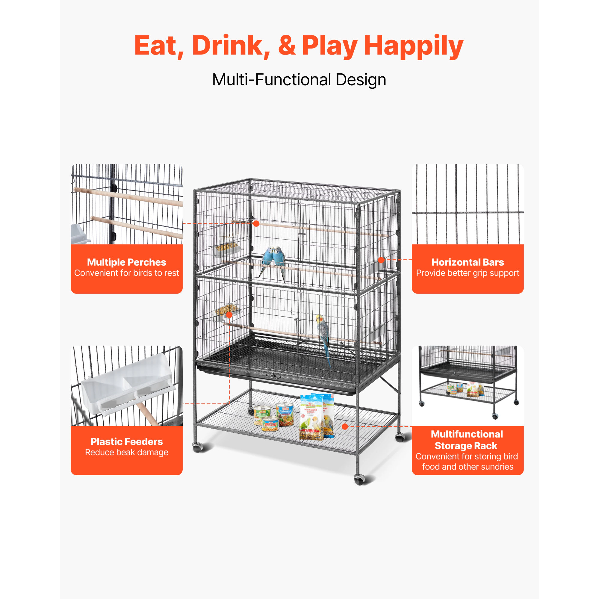 HONGGE Wrought Iron Flat-Top Parrot Cage with Casters, 36.6 x 22.8 x 59.5 in, Holds 3-4 Medium to Large Birds