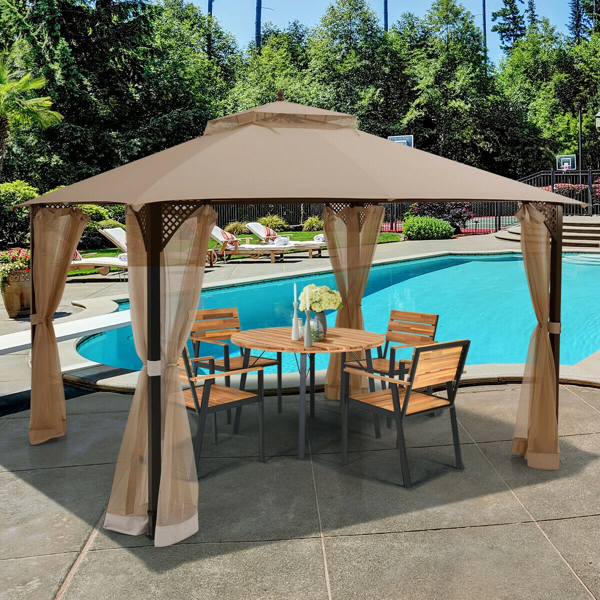 SUGIFT 12-ft x 10-ft Brown Outdoor Patio Gazebo with Mosquito Netting Double Roof and Steel Frame