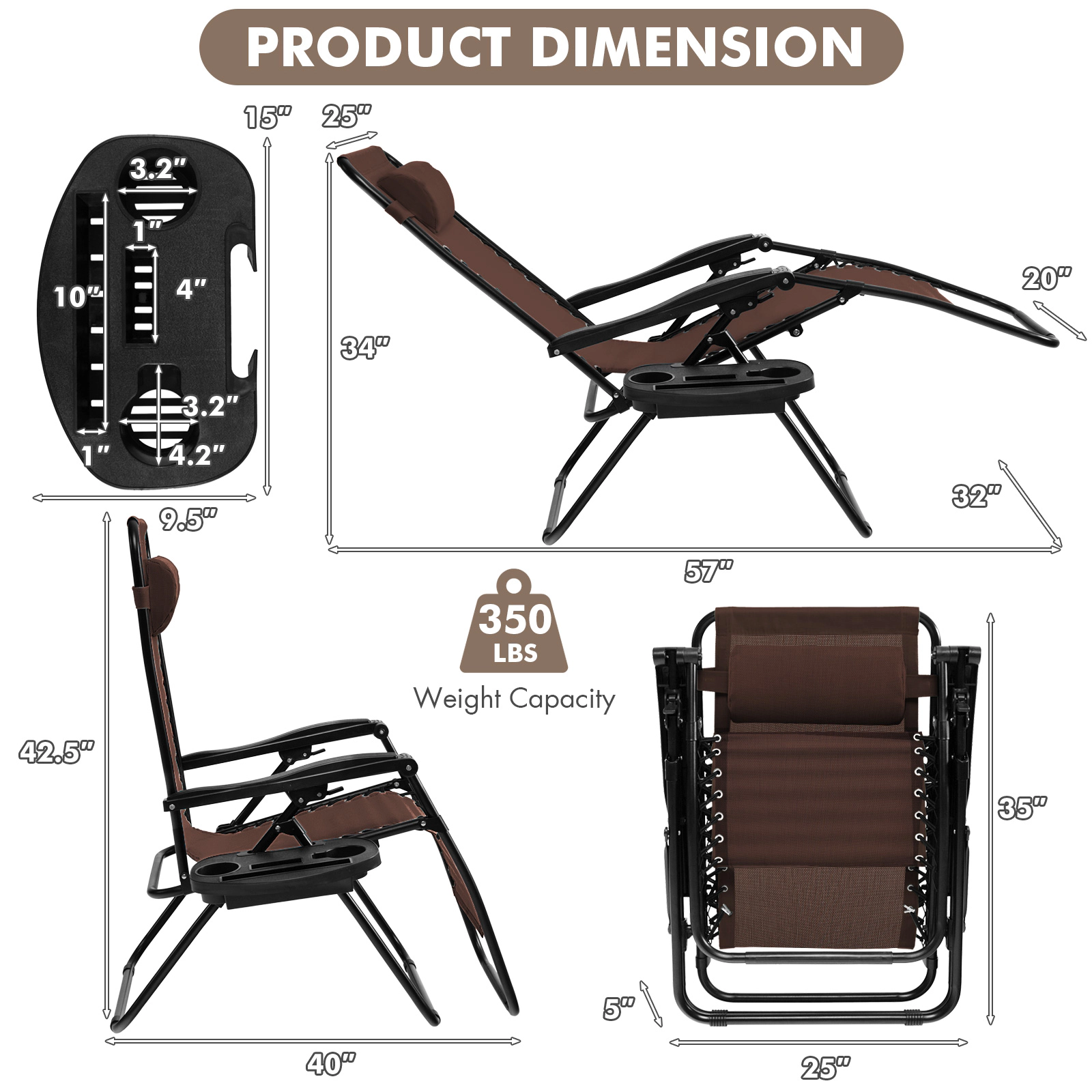 SUGIFT Zero Gravity Reclining Lounge Chair Folding Patio Recliner with Utility Tray