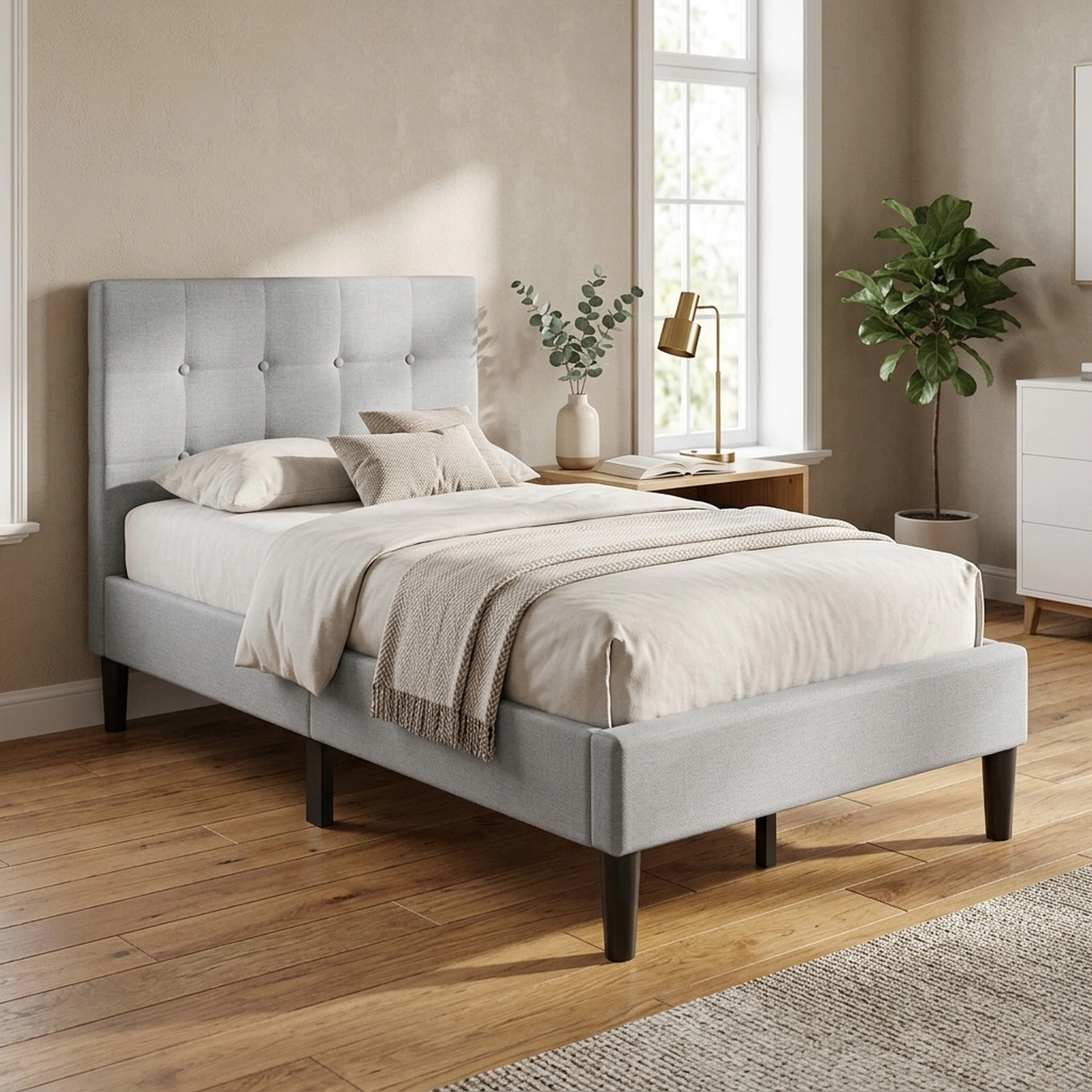 SUGIFT Twin Upholstered Platform Bed, Button-Tufted Headboard, Padded Side Rails, Beige Fabric, 11 Support Legs