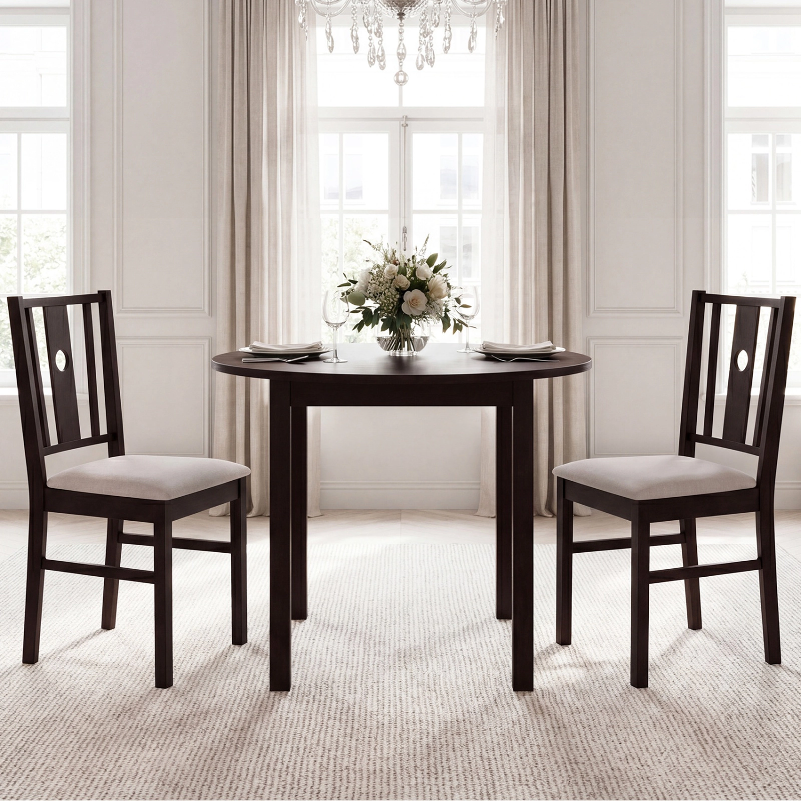 SUGIFT Set of 2 Rubber Wood Kitchen Dining Chairs 330-lb Capacity High Back Fabric Padded Seat Coffee Frame Beige Seat
