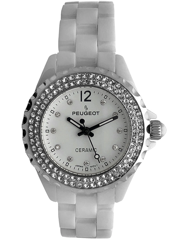 Peugeot Women's 36mm White Ceramic Watch with Silver Crystal Bezel