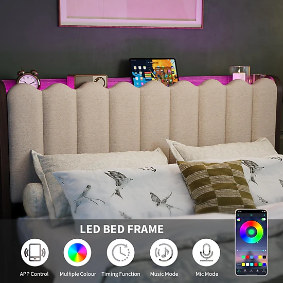 Upholstered Platform Bed with Storage Headboard, RGB LED Lights, Wood ...