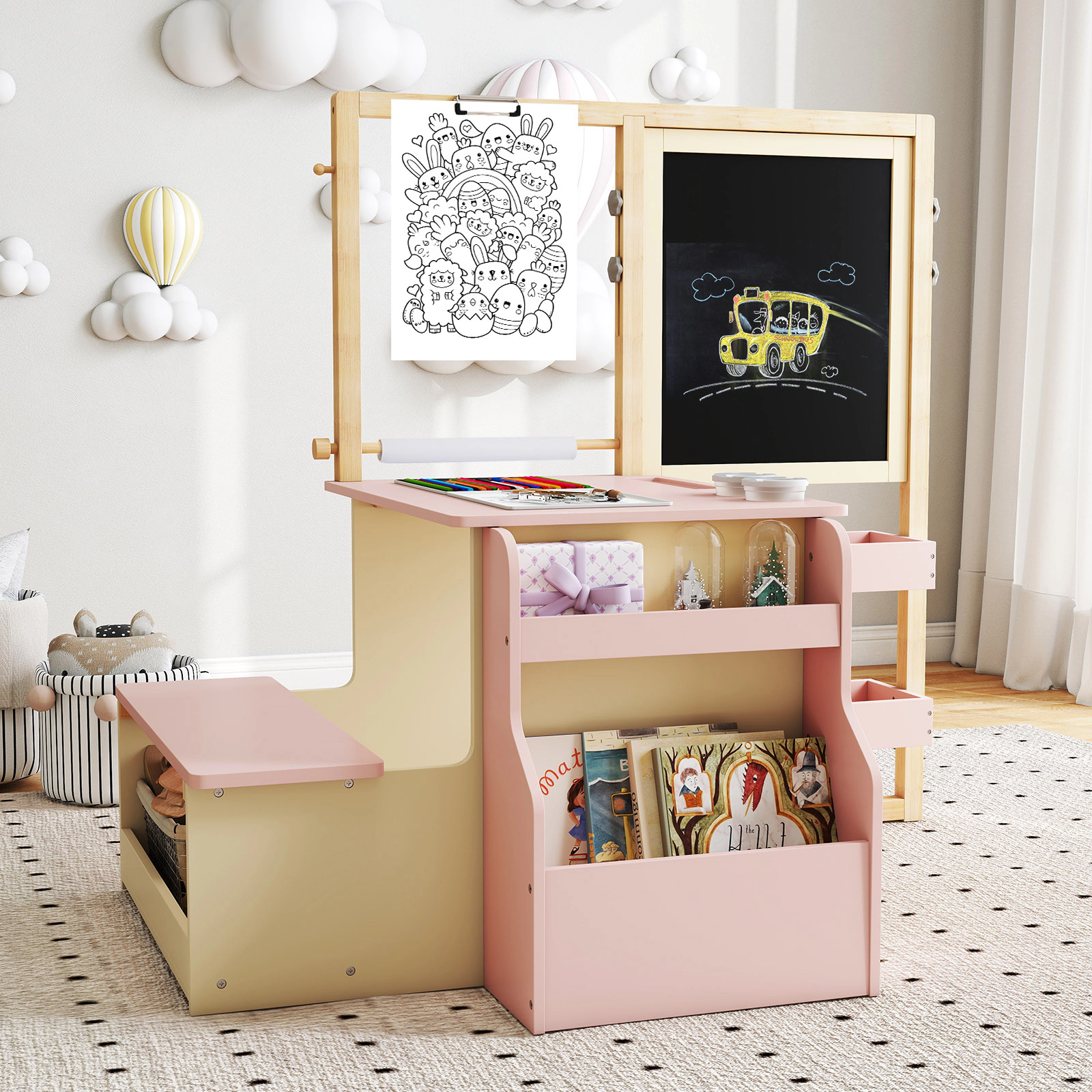 SUGIFT Pink Double-Sided Easel and Paper Roll Kids Art Center Wooden Table and Bench Set