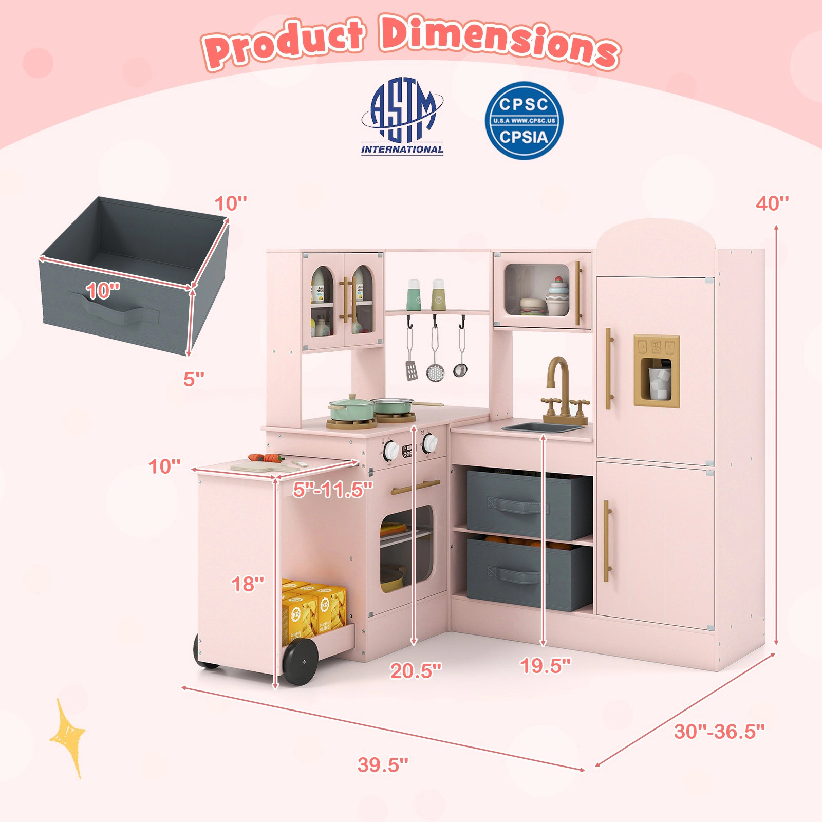 SUGIFT Kids Pink Corner Wooden Play Kitchen with Lights Sounds and Ice Maker 39.5-in W 40-in H Ages 3+