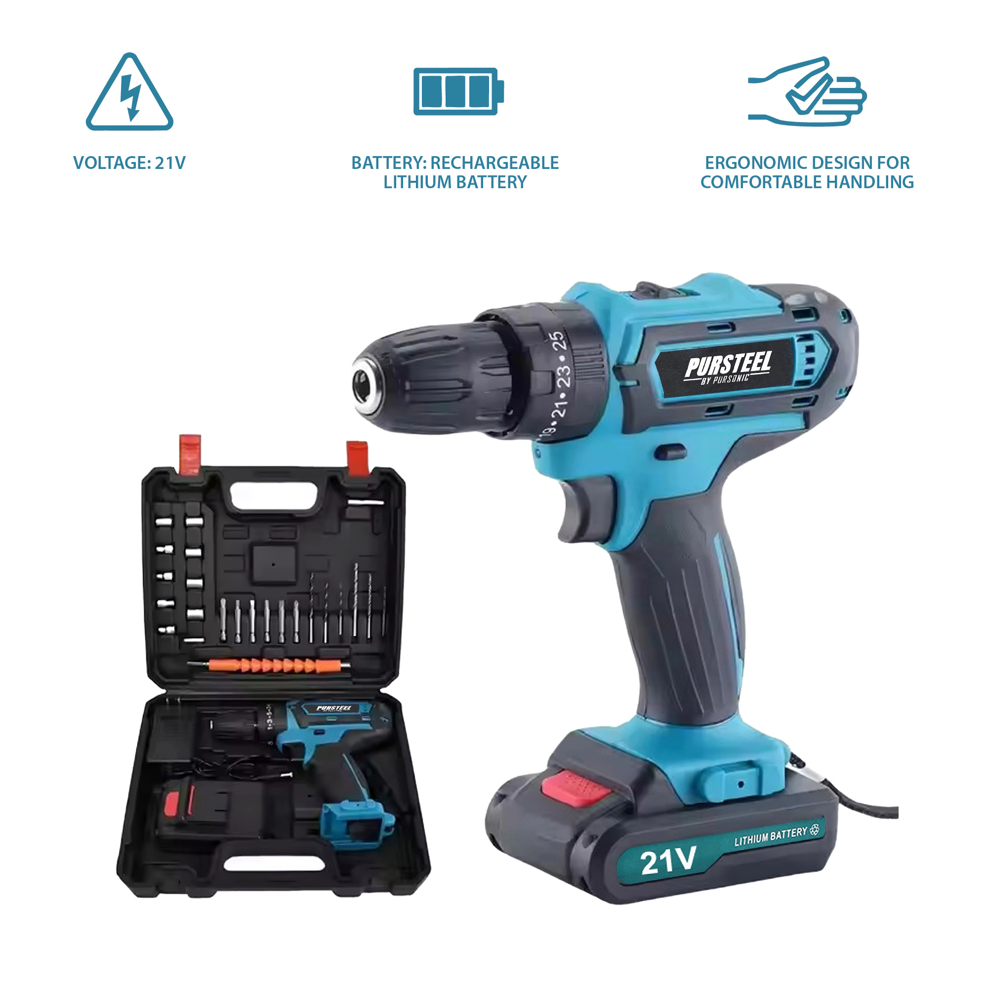 Pursonic Unisex 21V Rechargeable Cordless Drill – 24 Piece Power Tool Set for Home Improvement & DIY Projects