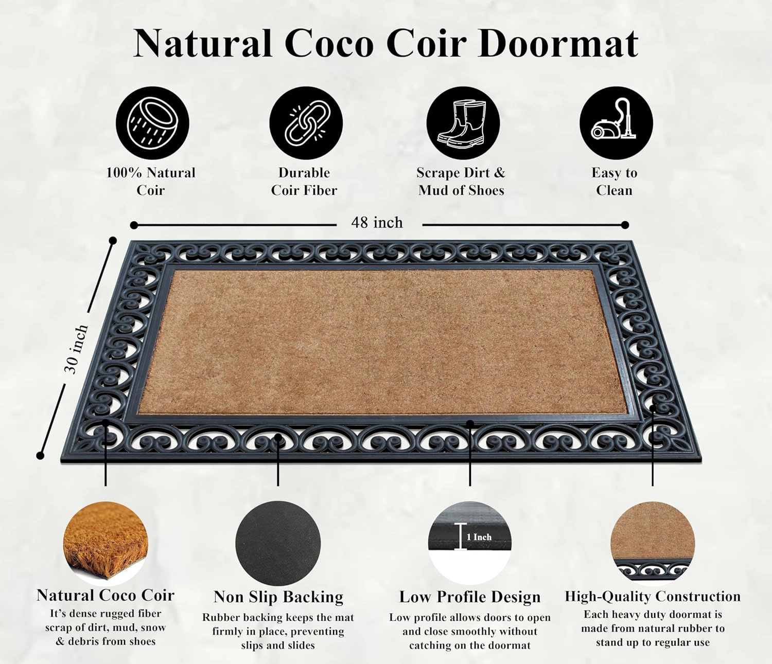 A1HC Coir and Rubber Door Mat 30x48 Inches Anti-Shed Fade-Resistant Heavy Duty Large Rectangle Black