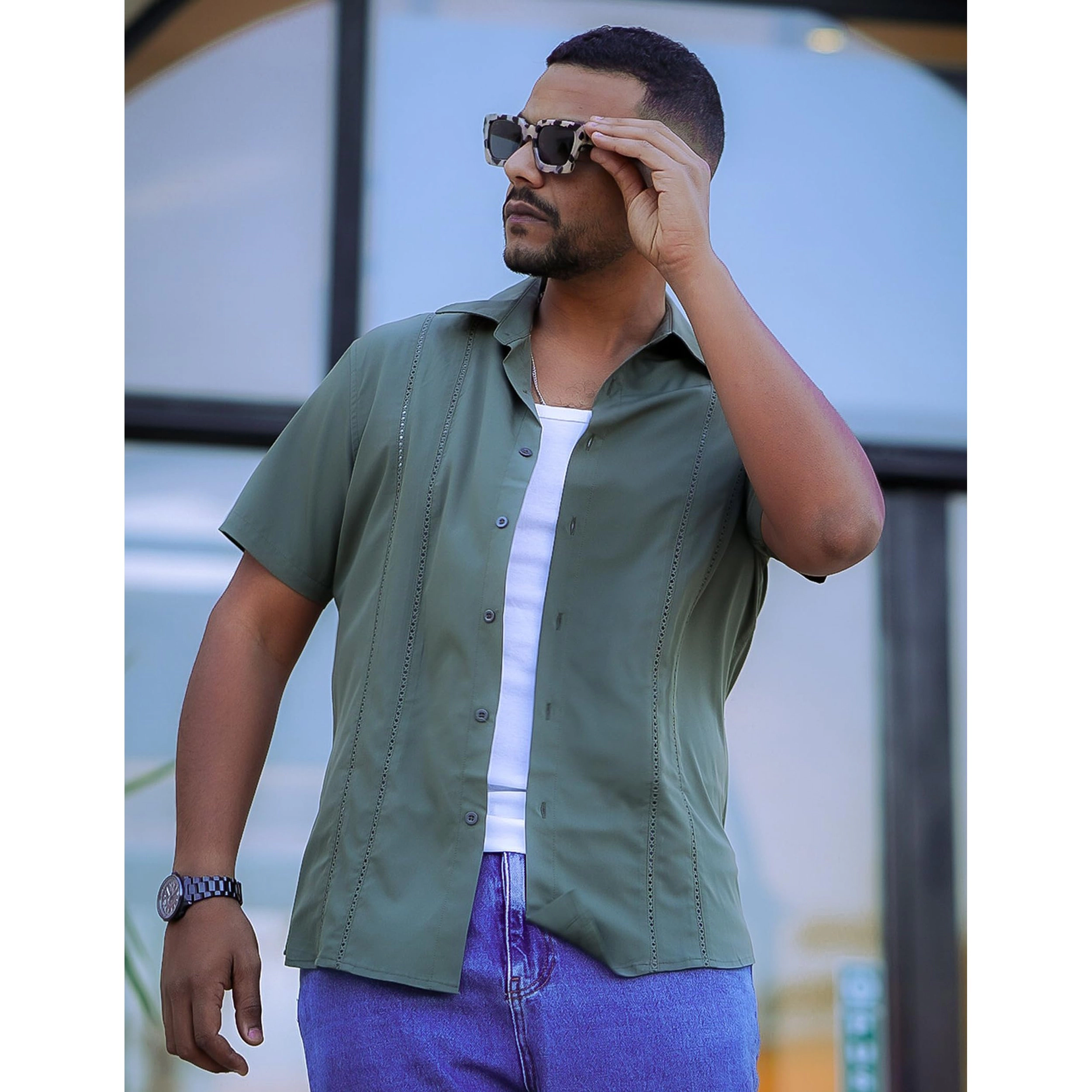 COOFANDY Mens Short Sleeve Button Down Shirts Cuban Collar Pleated  Tops