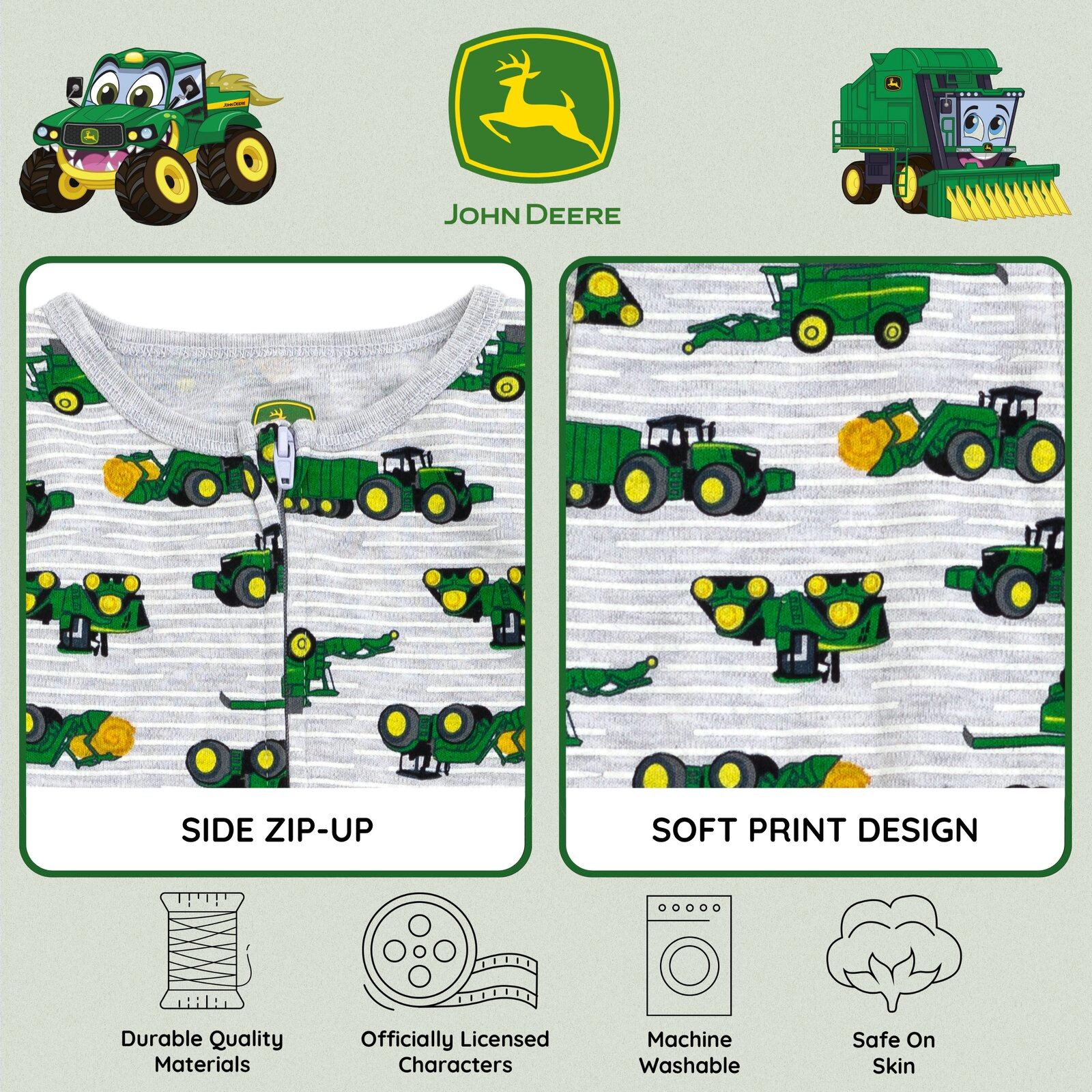 John Deere Baby Boy or Girl Zip-Up Footed Sleep N Play