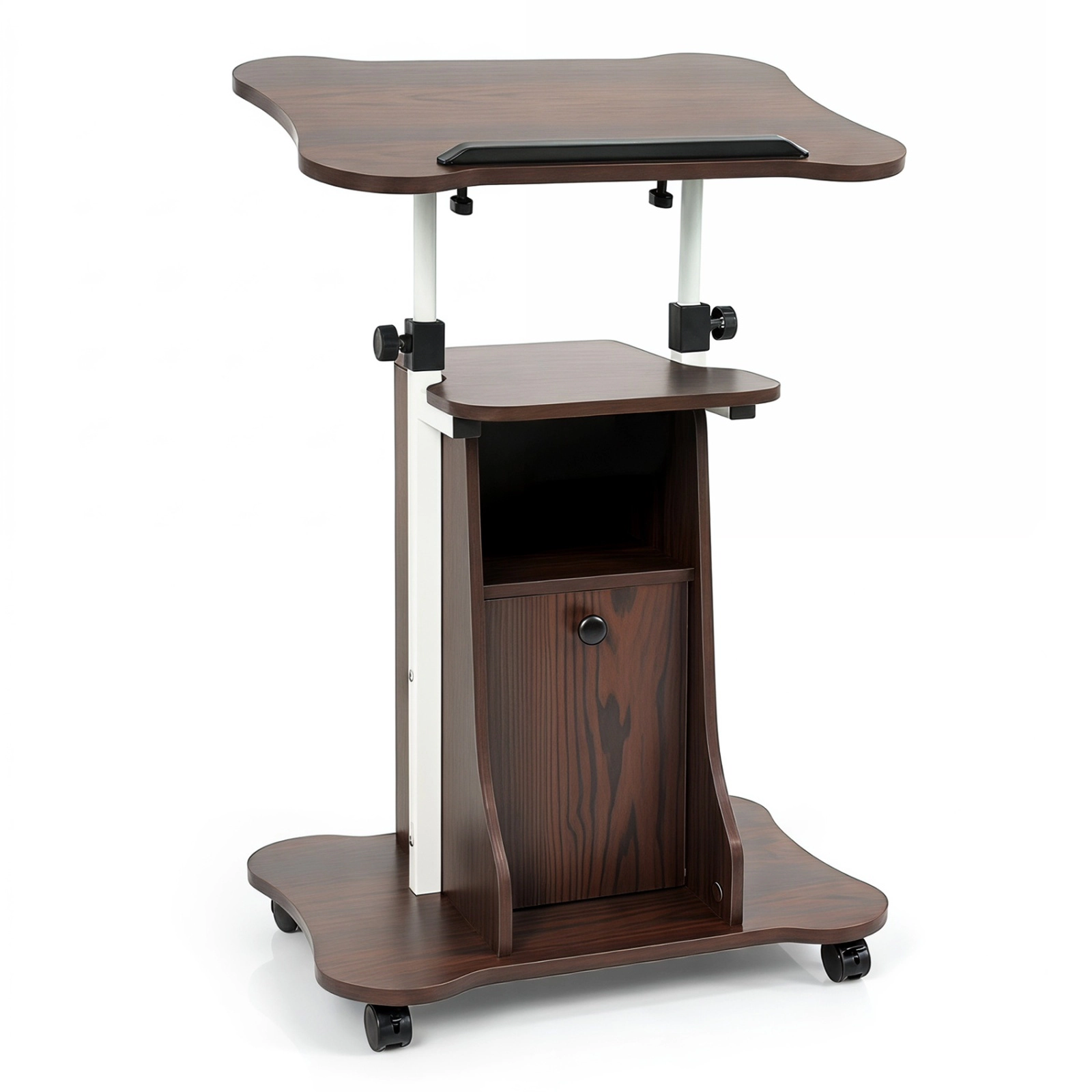 SUGIFT Brown and White Rolling Lectern Podium, Adjustable Standing Desk with Tilt Top and Storage Cabinet