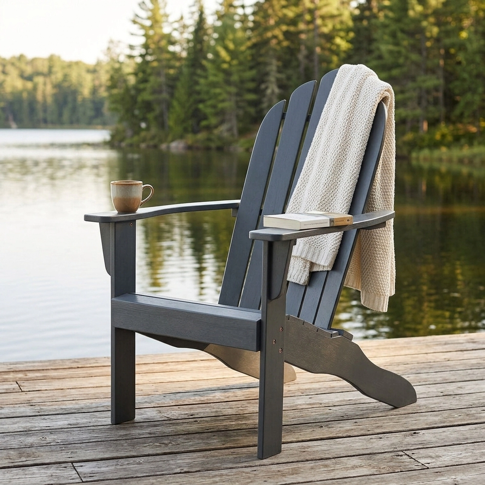 SUGIFT Gray Acacia Wood Adirondack Chair, Slatted Back, Galvanized Hardware, Outdoor Patio