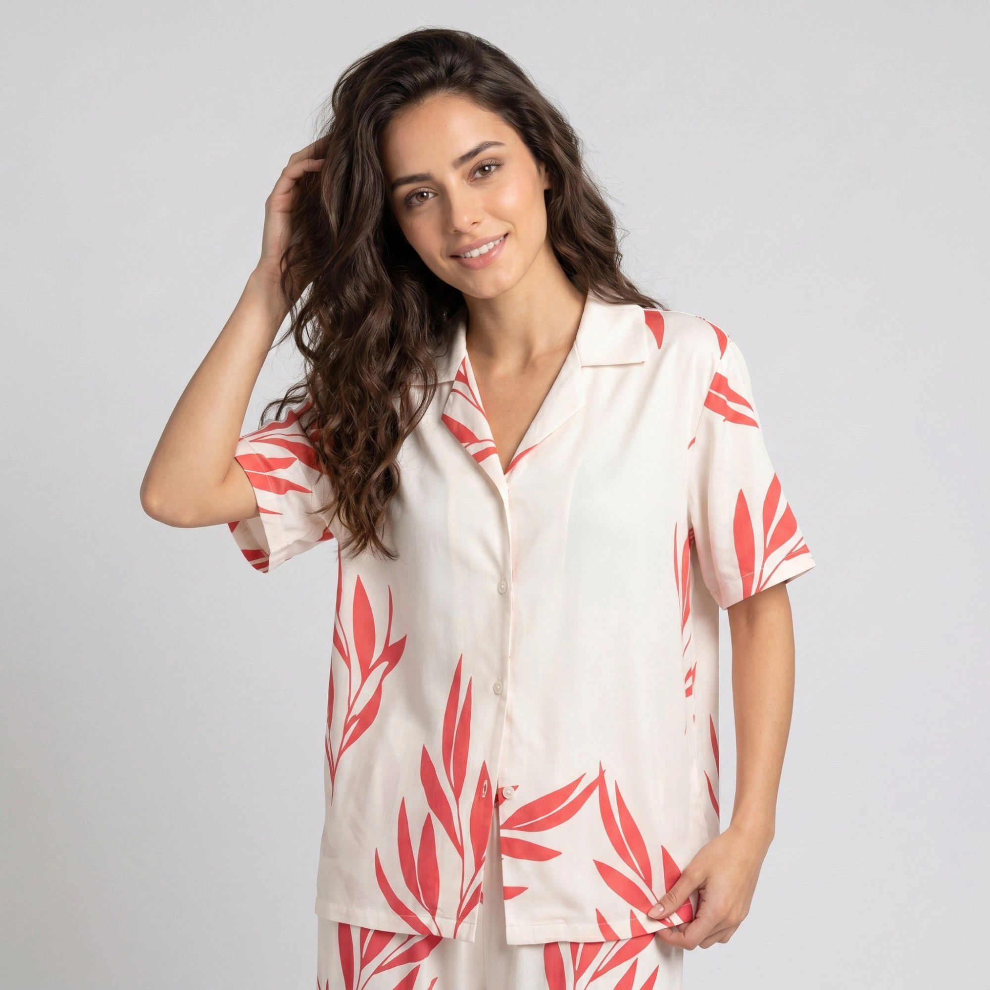 Anna-Kaci Women's 2-Piece Botanical Print Pajama Set with Short Sleeve Button Top and Wide Leg Pants