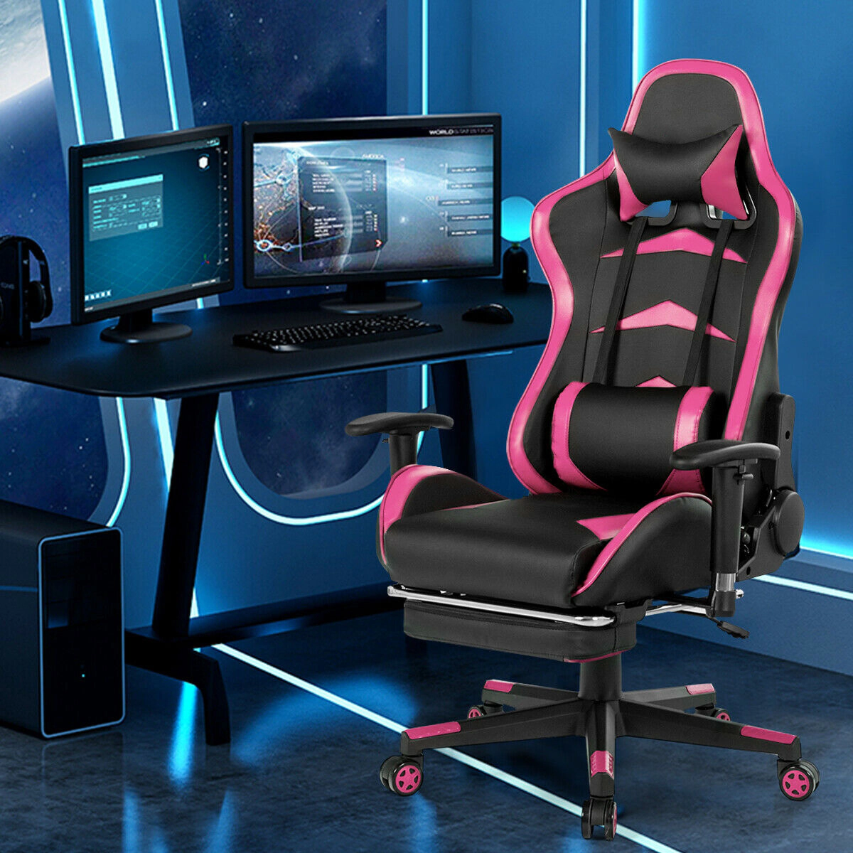 SUGIFT Pink Retractable Footrest and Rotatable Armrests Massage Gaming Chair