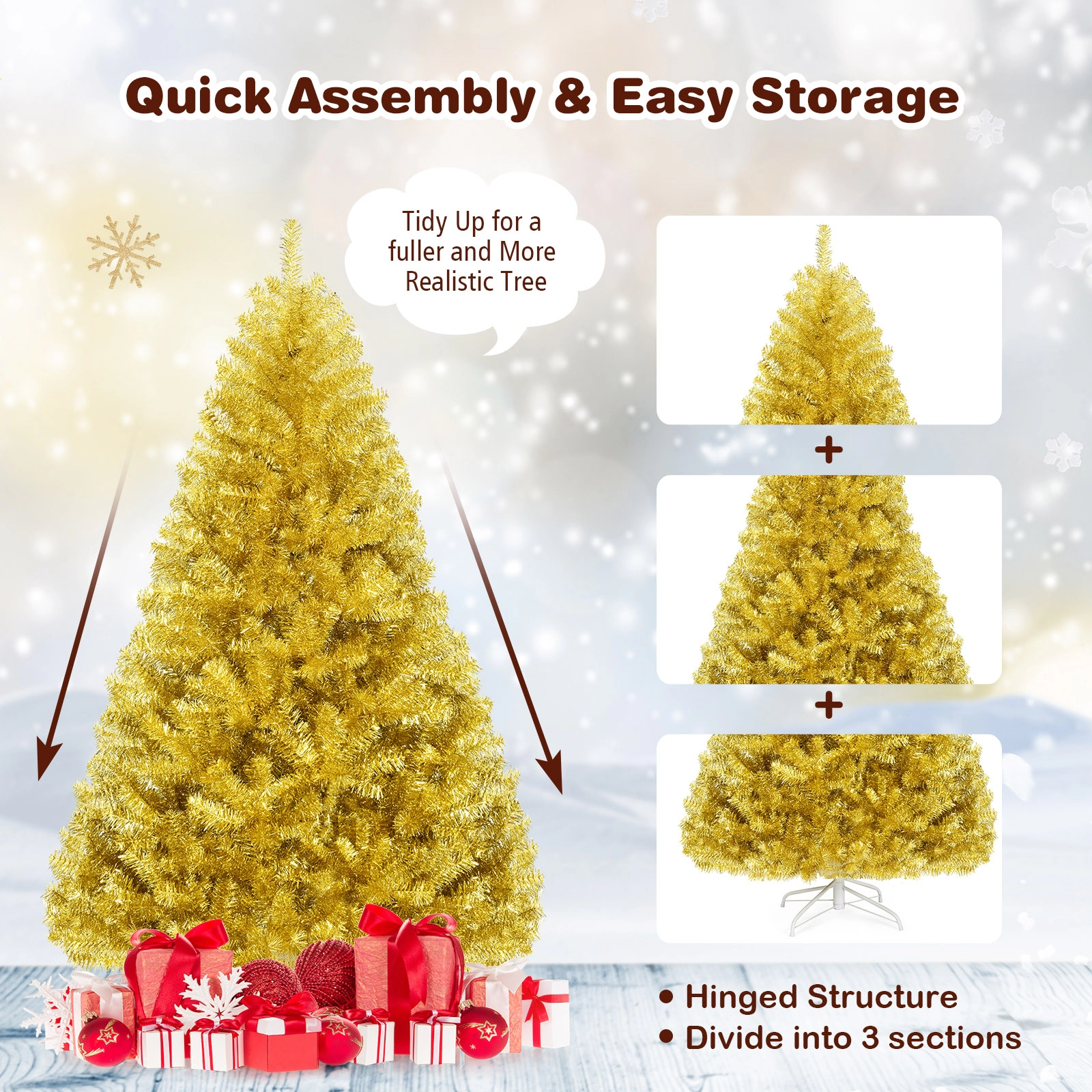 SUGIFT 6 ft Champagne Gold Tinsel Christmas Tree Hinged Artificial Tree with Foldable Stand