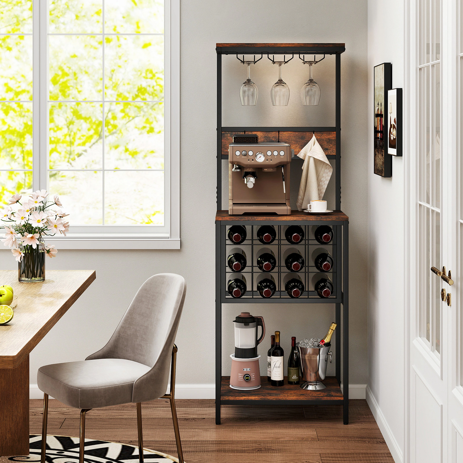 LJG Freestanding Wine Rack Floor Wine Bar Cabinet with Glass Racks