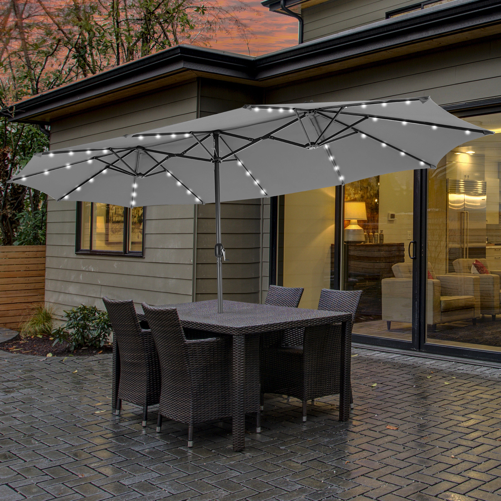 SUGIFT 15-ft Gray Rectangular Double-Sided Patio Umbrella with 48 Solar LED Lights