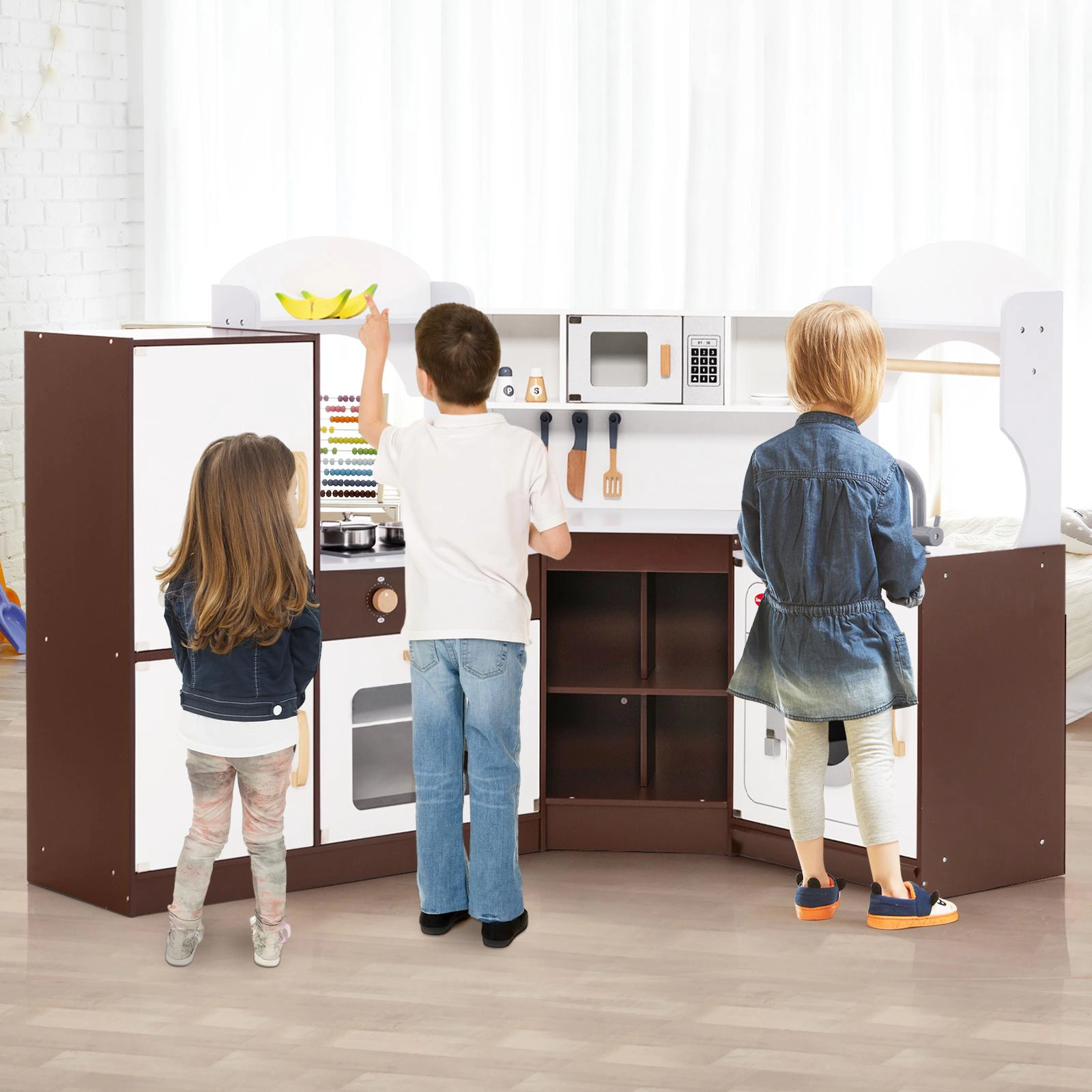 SUGIFT Corner Toddler Kitchen Playset with Ice Maker Microwave Oven Sink and Washing Machine Ages 3-10 White/Pink/Brown