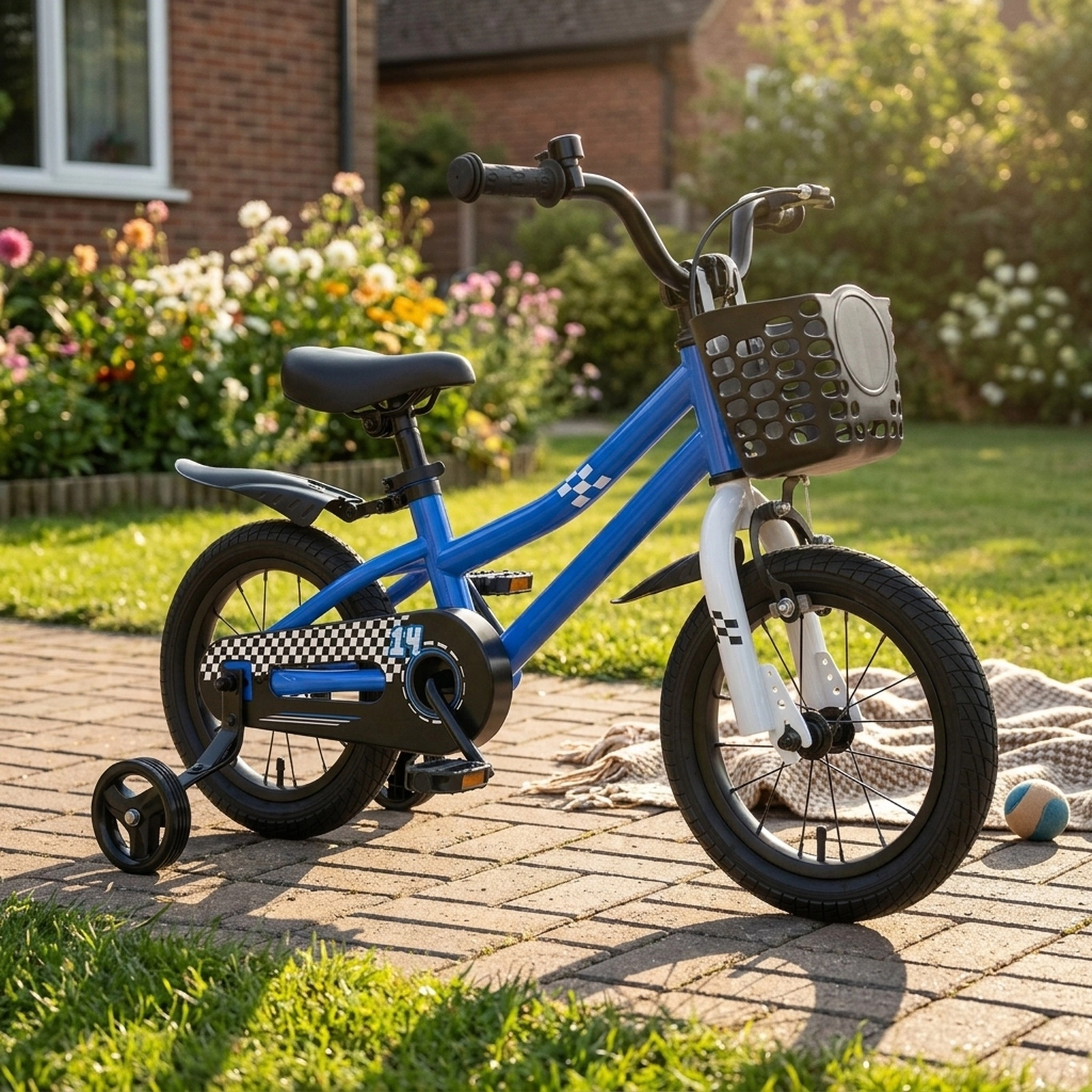 14-in Toddler Bike Fully Enclosed Chain Guard Soft Padded Seat 2 Training Wheels Short-Reach Hand Brake Ages 3-5 Navy