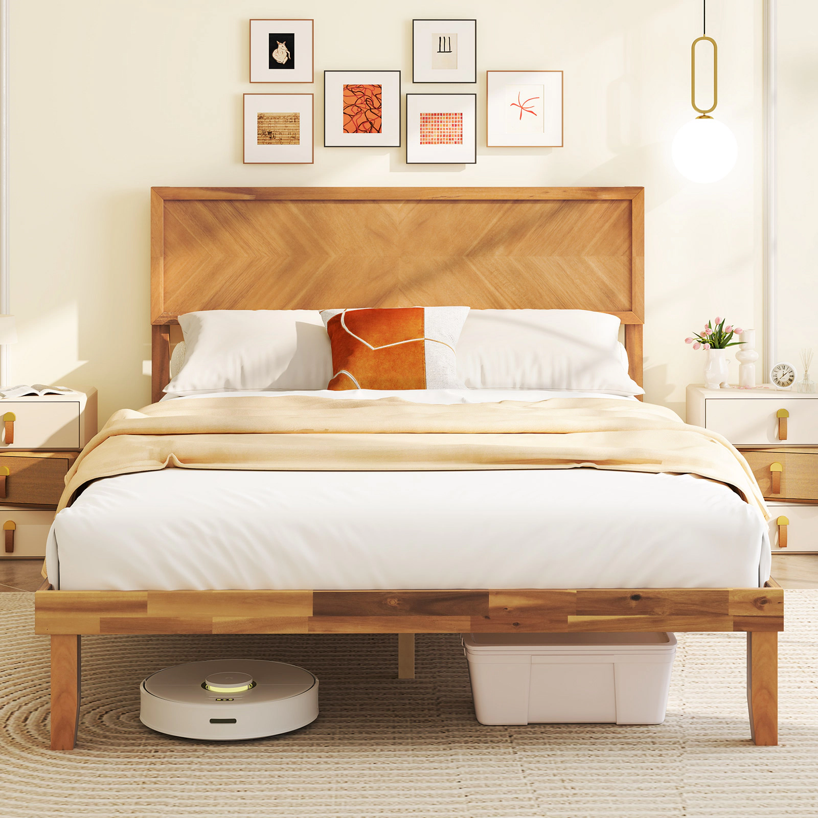 LJG Twin/Full/Queen Size Bed Frame with Headboard and Storage Space