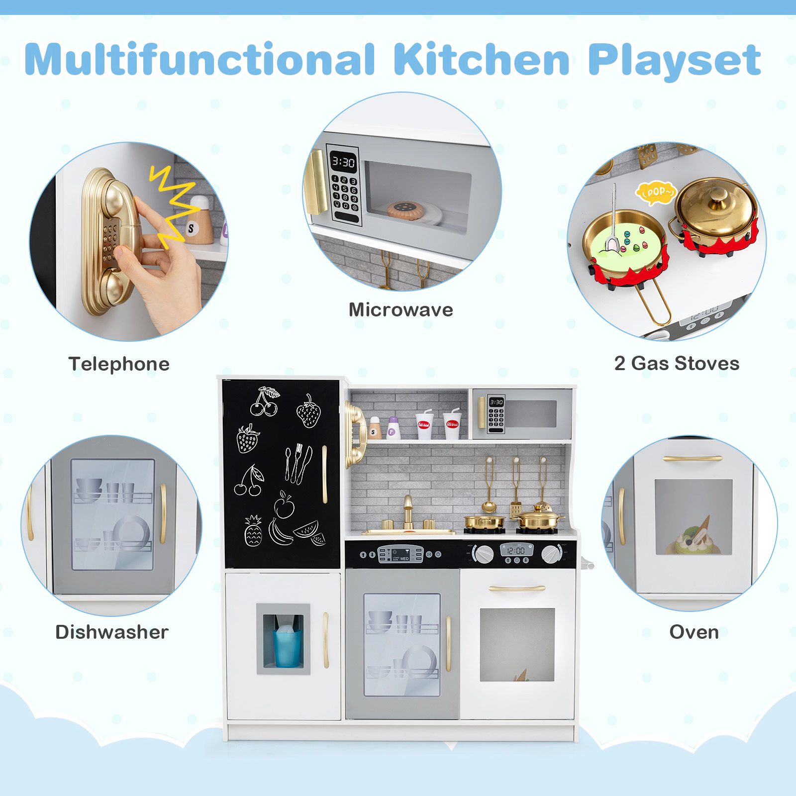 Toddler Pretend Play Kitchen Ages 3-6 Removable Sink Ice Maker Dishwasher 16-in Blackboard 32-in x 9.5-in x 31.5-in