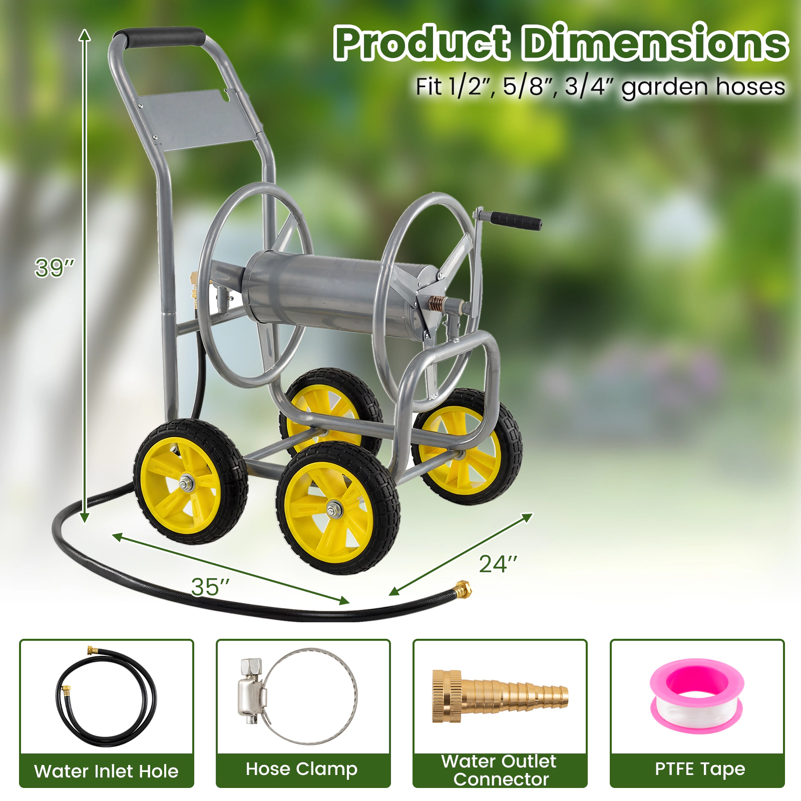 SUGIFT Garden Hose Reel Cart Silver 330 Feet Heavy-Duty Metal Cart with 4 Wheels
