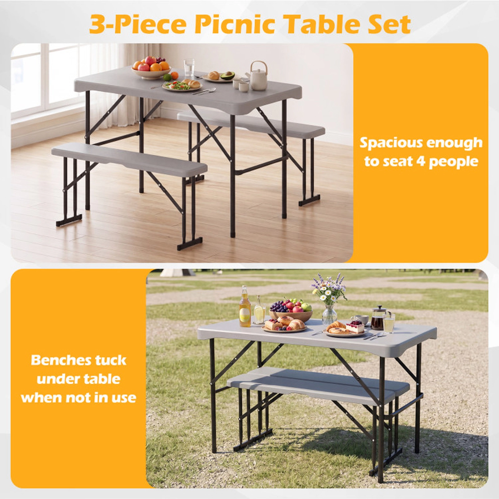 SUGIFT 44 in Folding Picnic Table Set Gray HDPE with 2 Benches and Honeycomb Top