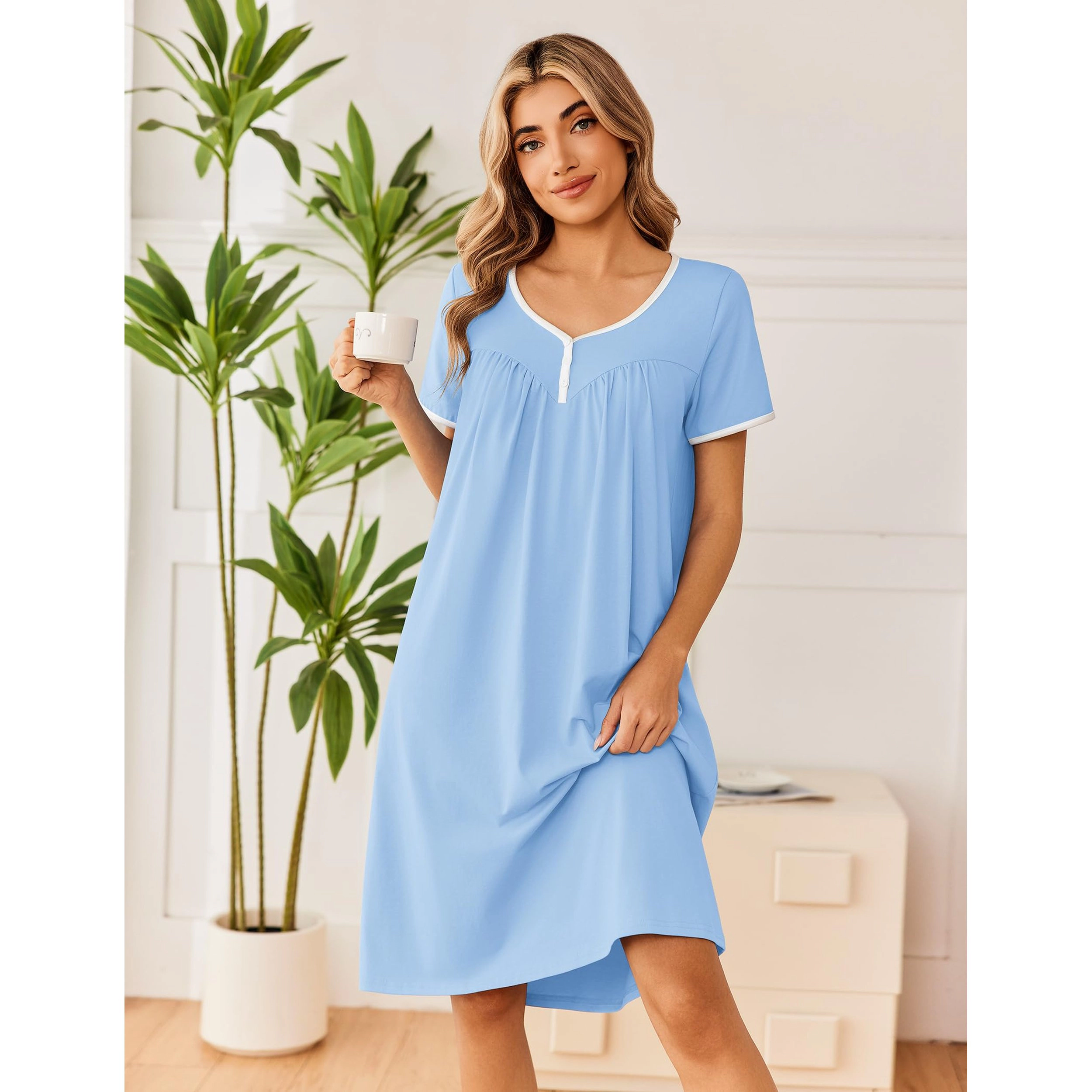 Ekouaer Cotton Nightgowns for Women Short Sleeve Night Gown V Neck Button Nightshirt