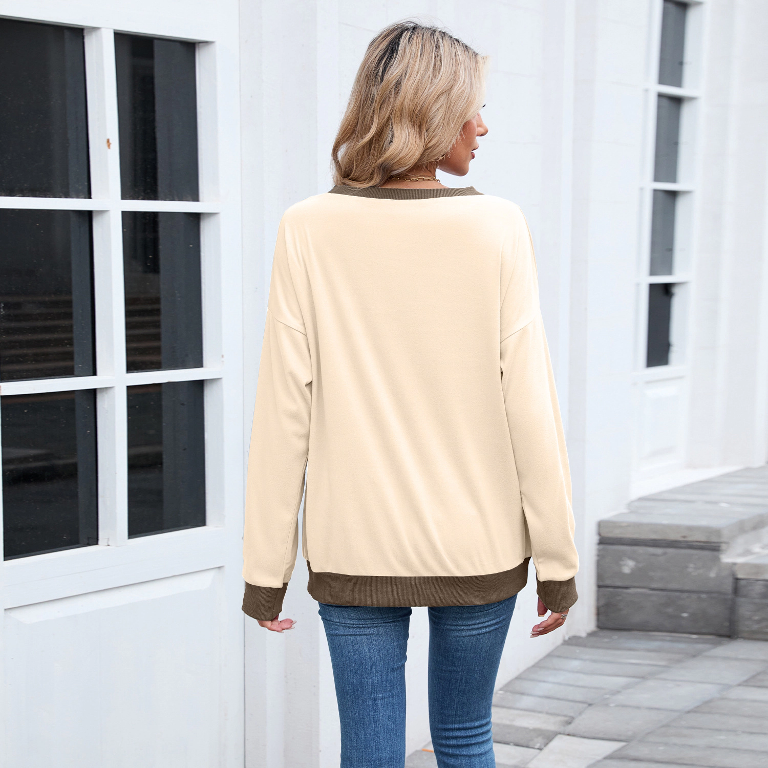 Enchanted Funland Womens Color Block Crew Neck Contrast Ribbed Pullover Sweatshirt