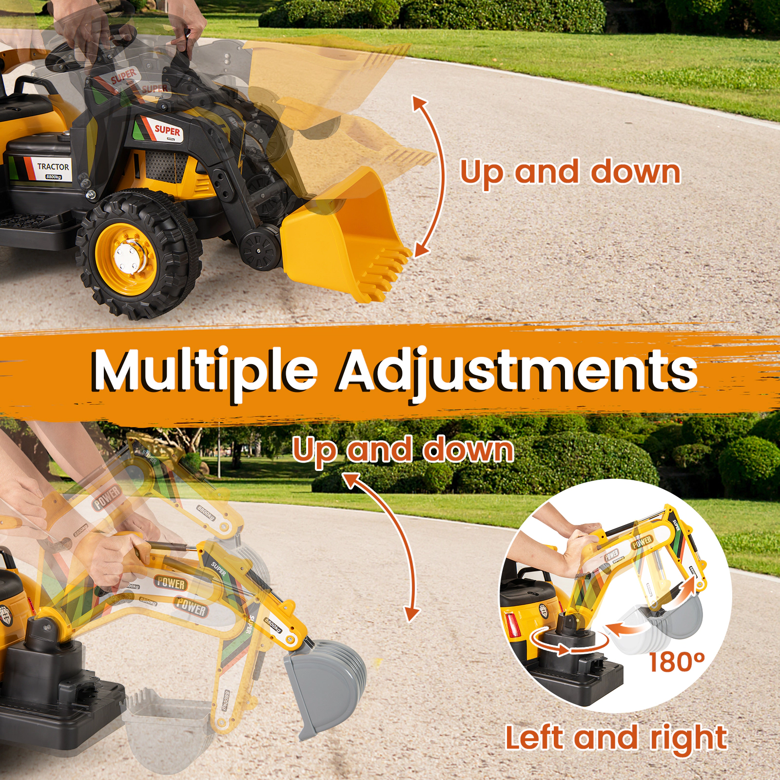 SUGIFT Kids Yellow 4-in-1 12V Ride On Tractor with Bucket Digger and Trailer 73-in W 26-in H 66-lb Rider Capacity